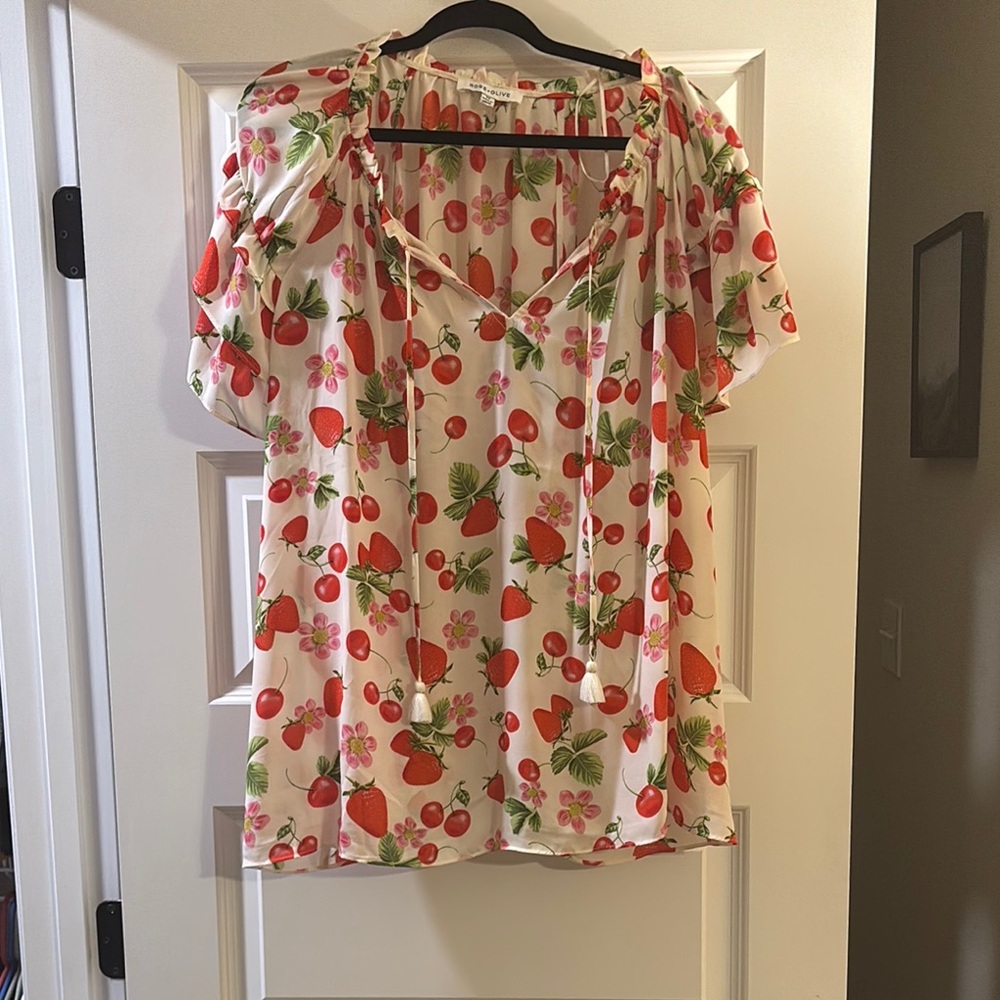 Rose & Olive White and Red Flutter Sleeve Tie Front Blouse